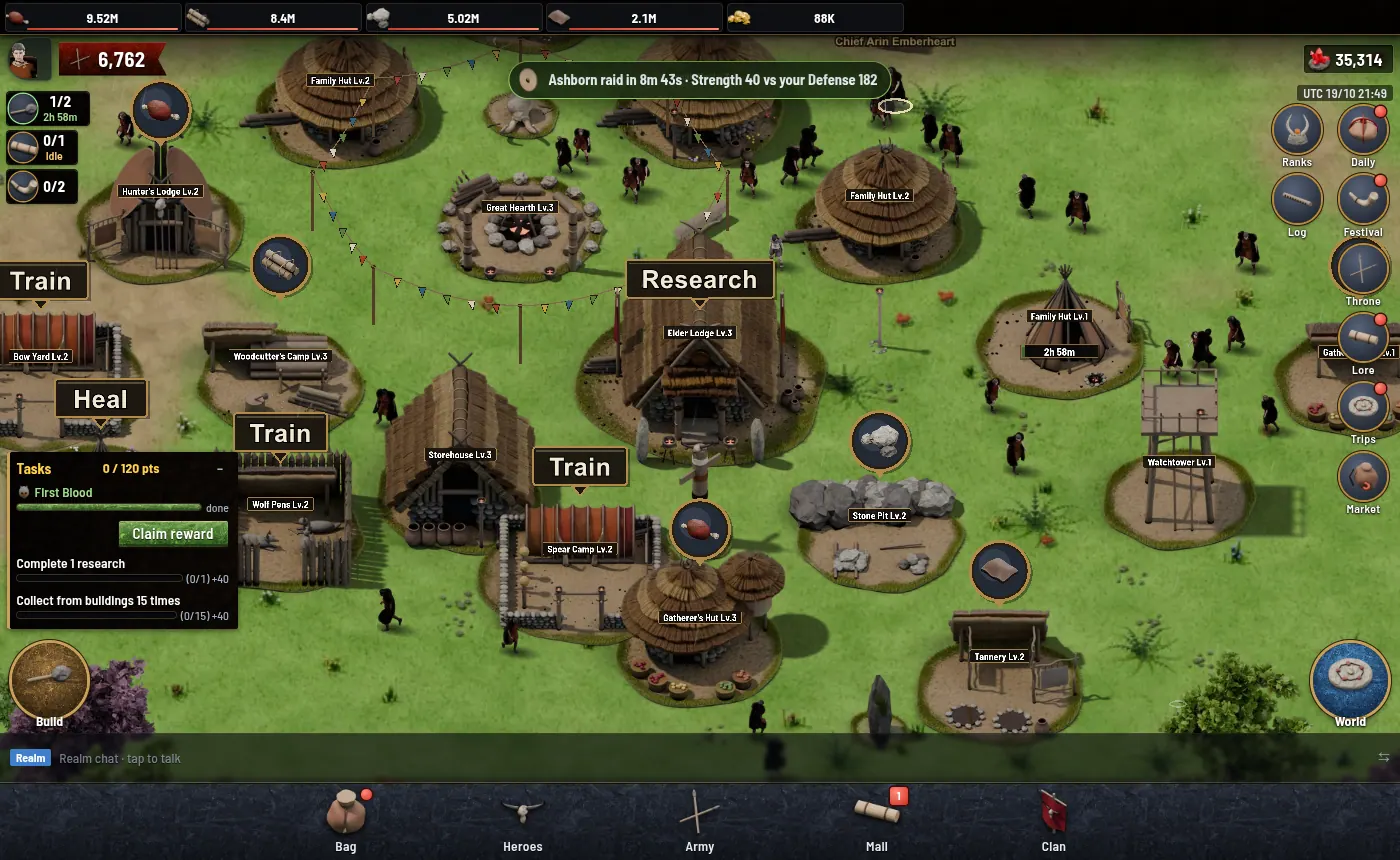 The village: huts, the Great Hearth, the Elder Lodge and the task list