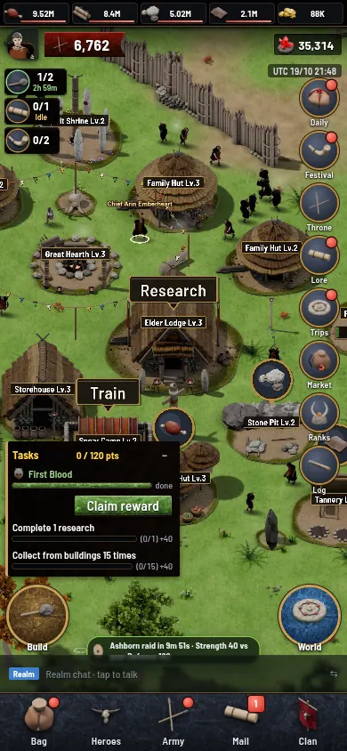 Emberkin on a phone: the village with the task list and the Research marker
